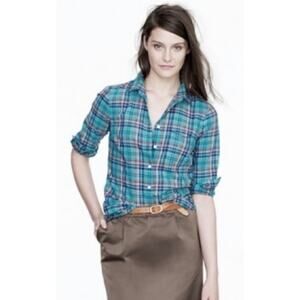J CREW Womens Boy Fit Perfect Shirt Teal Aqua Blue Plaid Button Up Down sz 4